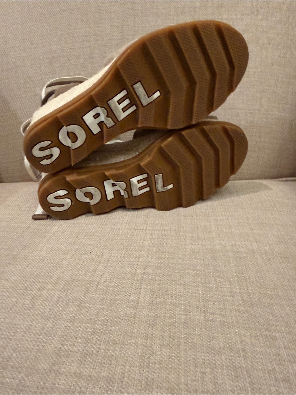 Sorel Taupe and White Espadrille Wedge Sandals with Ankle Wraps - Picture 4 of 4